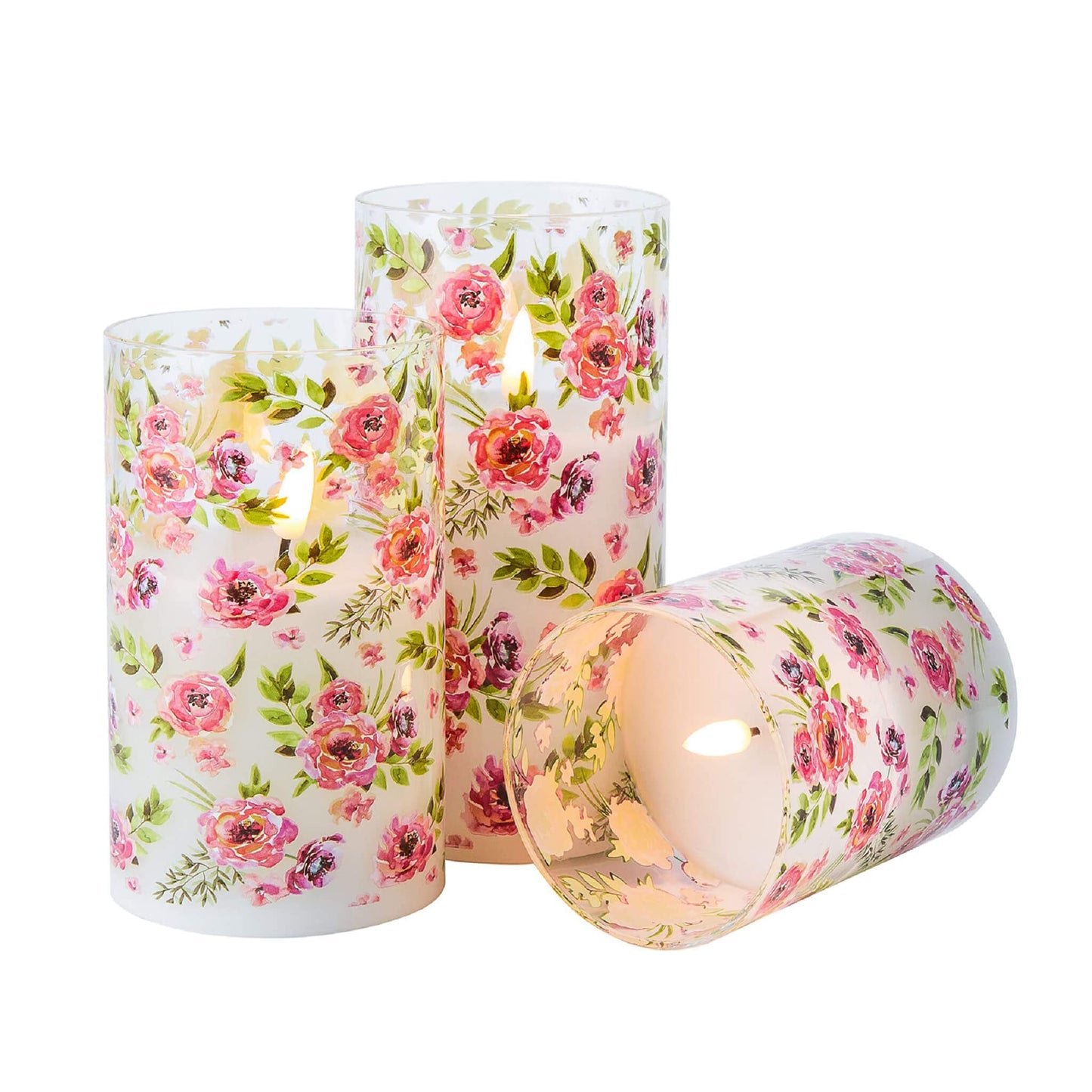 Red Floral Glass Flameless Candles with Remote - 3 Pack - Eywamage