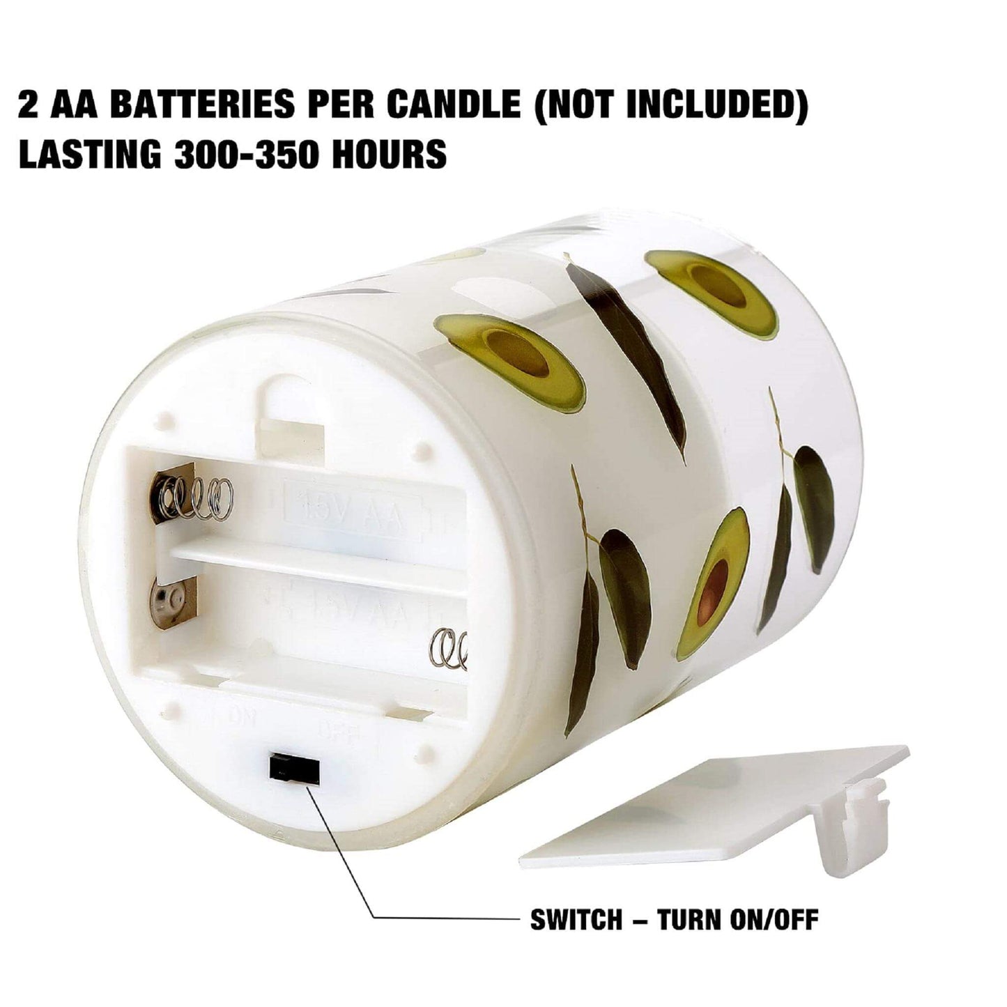 The bottom lid of an avocado patterned glass flameless candle is removed to reveal that it requires two AA batteries
