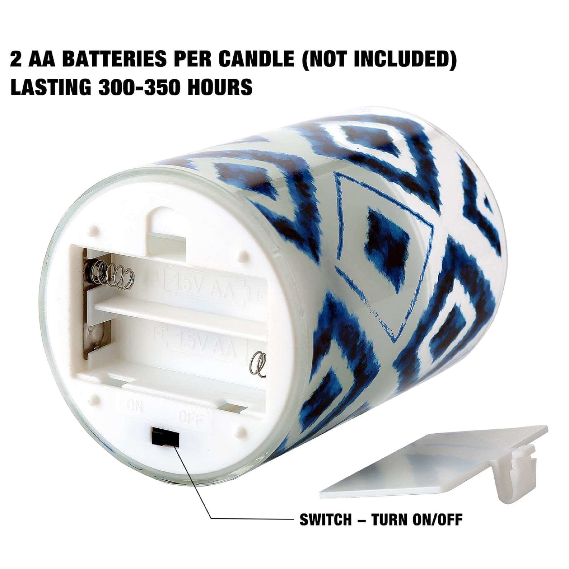 1 Flickering Blue White Geometric led candle placed horizontally, the bottom is opened, and the display needs 2 AA batteries, which can light for 300-350 hours