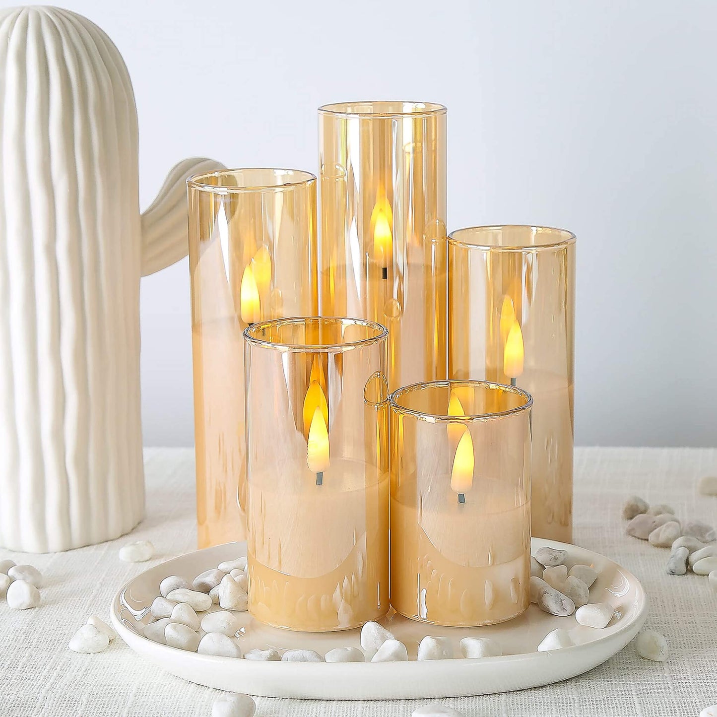 5 Pack Slim Gold Glass Flameless Candles- Batteries Included- Eywamage