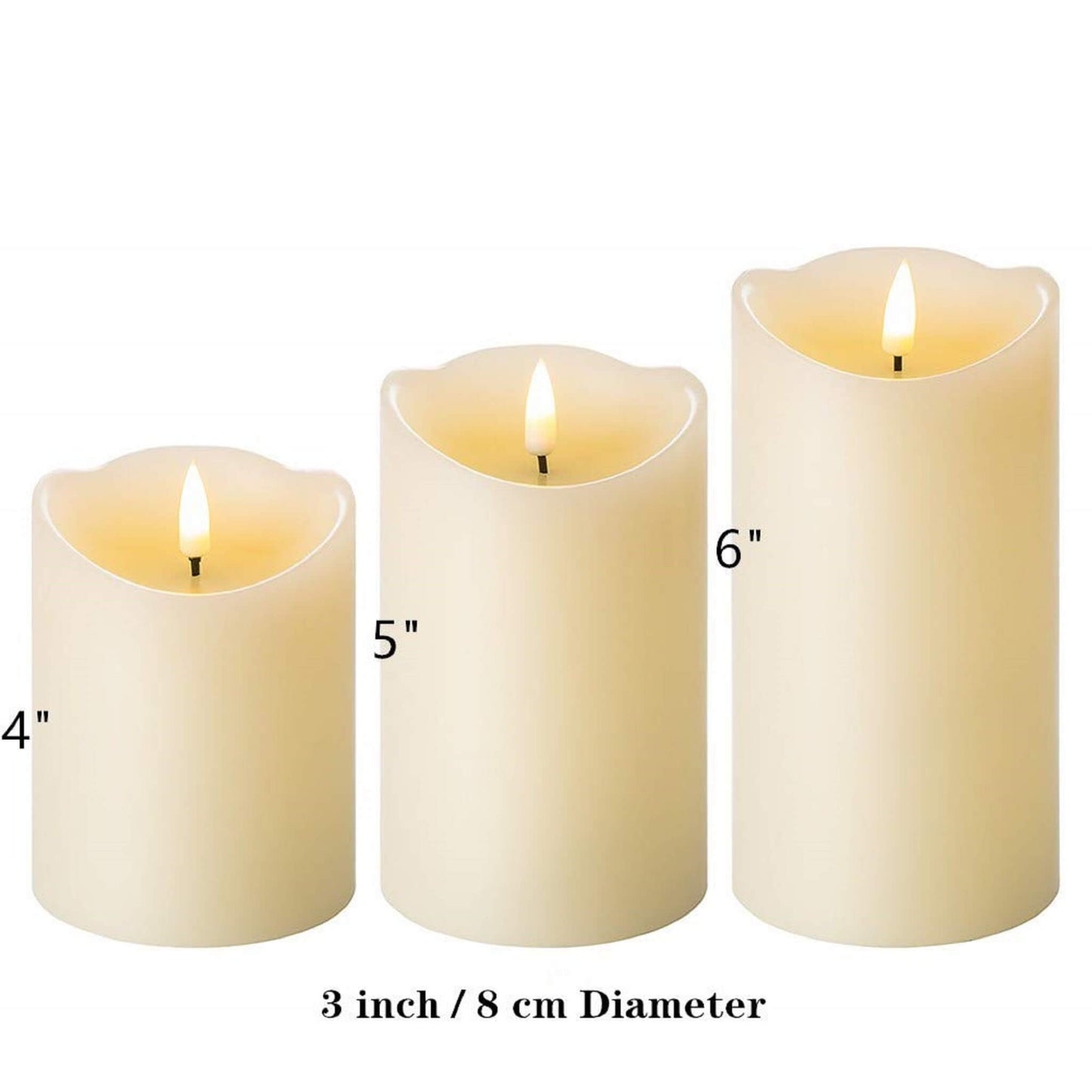 3 led ivory timer flameless pillar candles, 3 inches in diameter and 4, 5, 6 inches in height