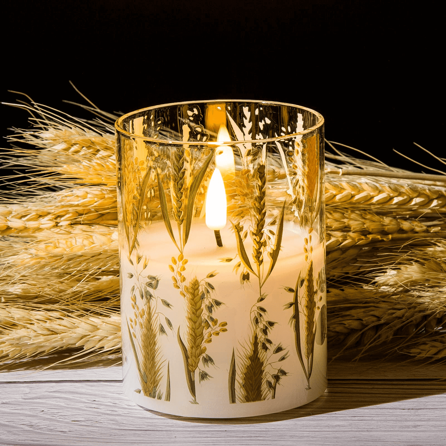 Eywamage Wheat Plants Glass Flameless Candles with Remote