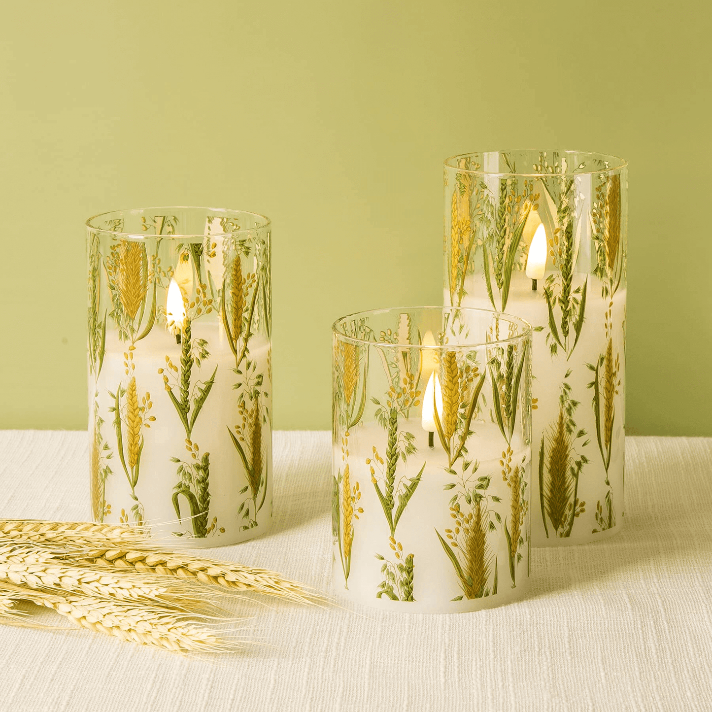 Eywamage Wheat Plants Glass Flameless Candles with Remote