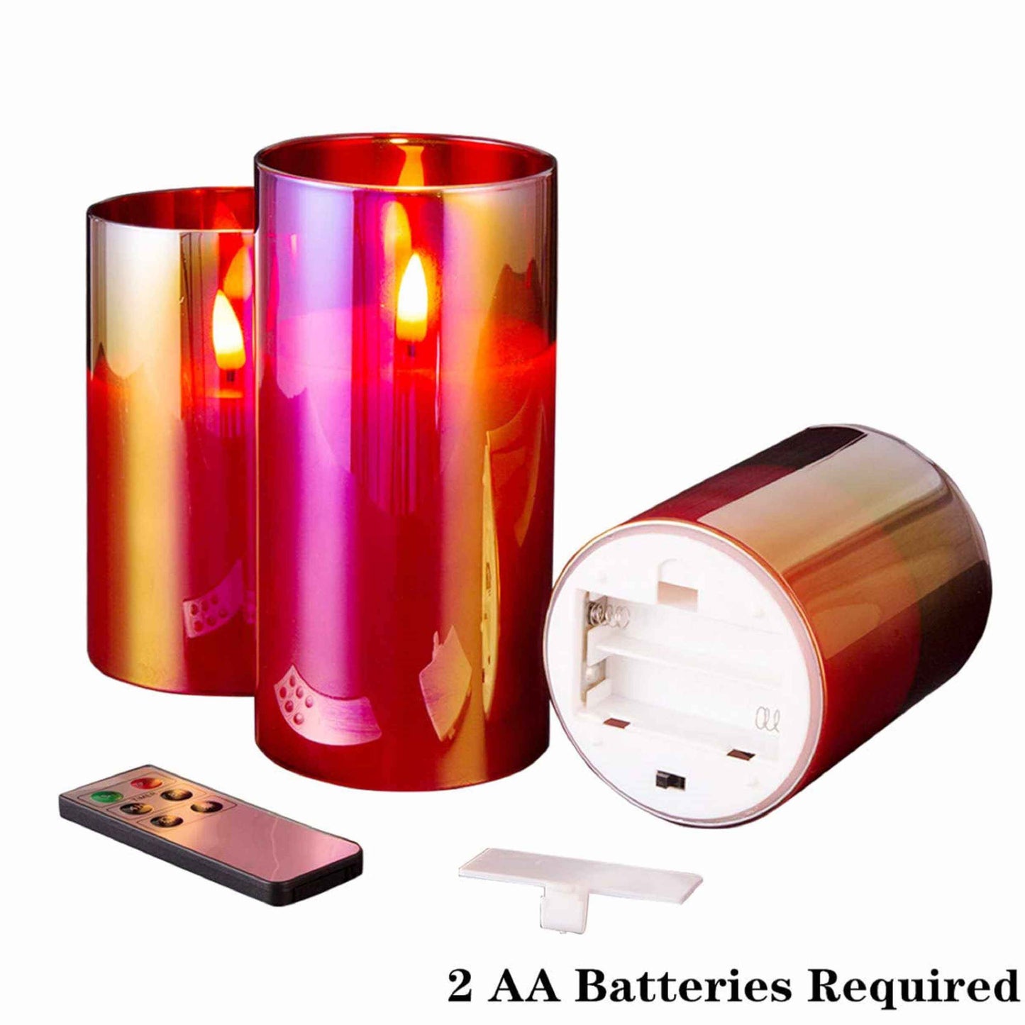 Red Glass Flameless Pillar Candles with Remote - Set of 3 - Eywamage