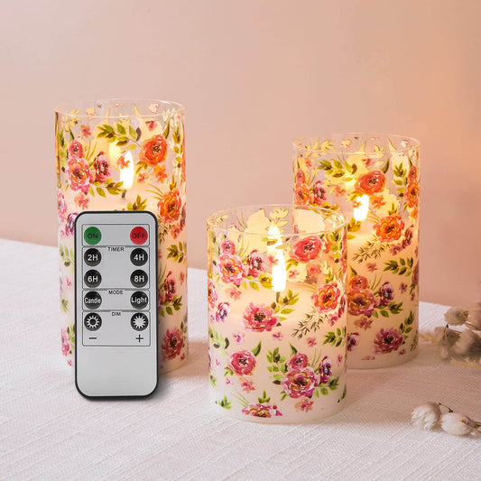 Red Floral Glass Flameless Candles with Remote - 3 Pack - Eywamage