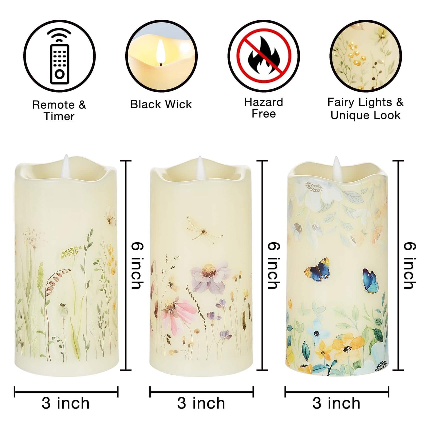 Butterfly Floral Flameless Pillar Candles with Remote-3 Piece-Eywamage