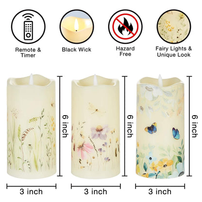 Butterfly Floral Flameless Pillar Candles with Remote-3 Piece-Eywamage