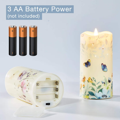 Butterfly Floral Flameless Pillar Candles with Remote-3 Piece-Eywamage