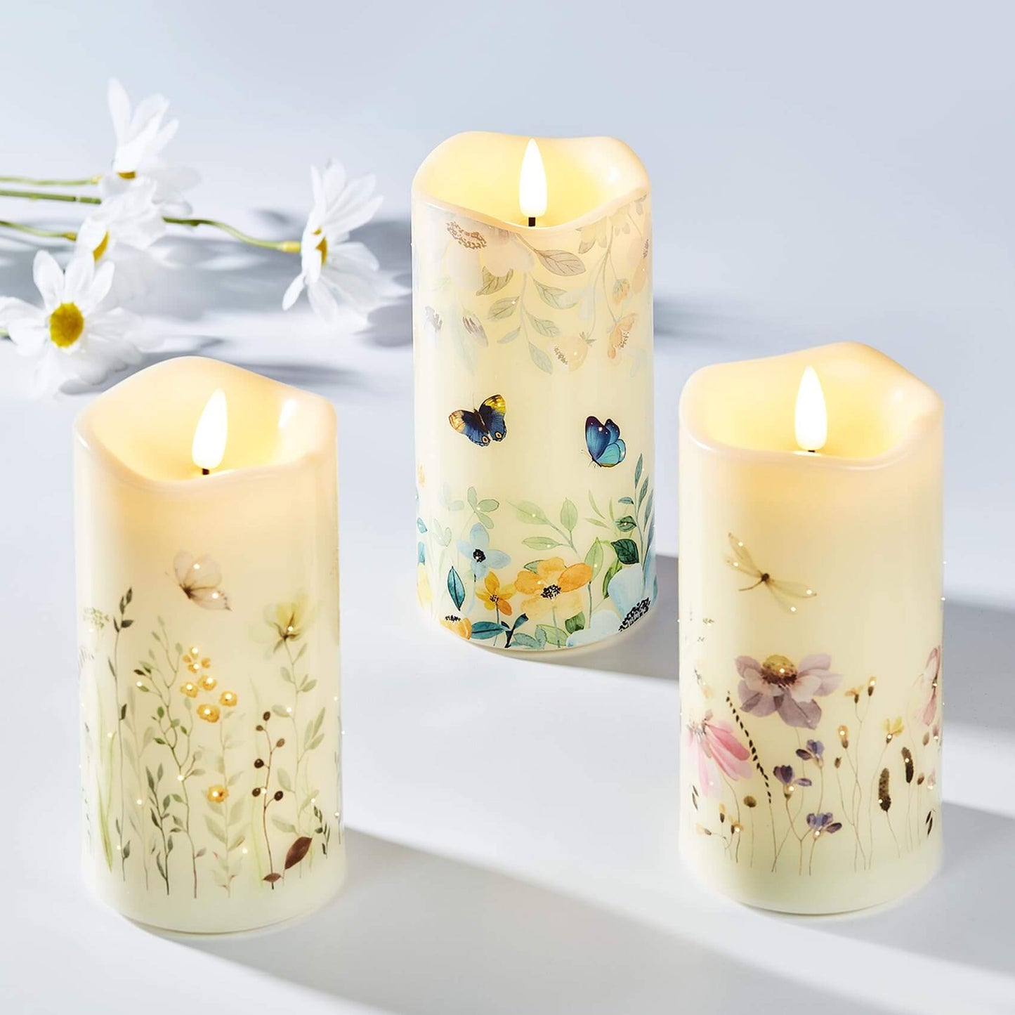 Butterfly Floral Flameless Pillar Candles with Remote-3 Piece-Eywamage