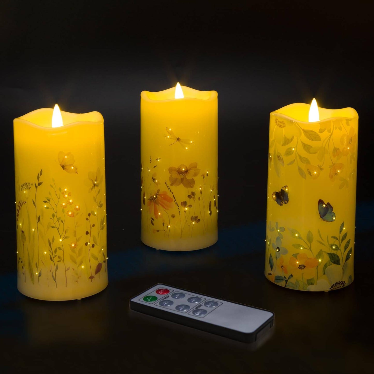 Butterfly Floral Flameless Pillar Candles with Remote-3 Piece-Eywamage