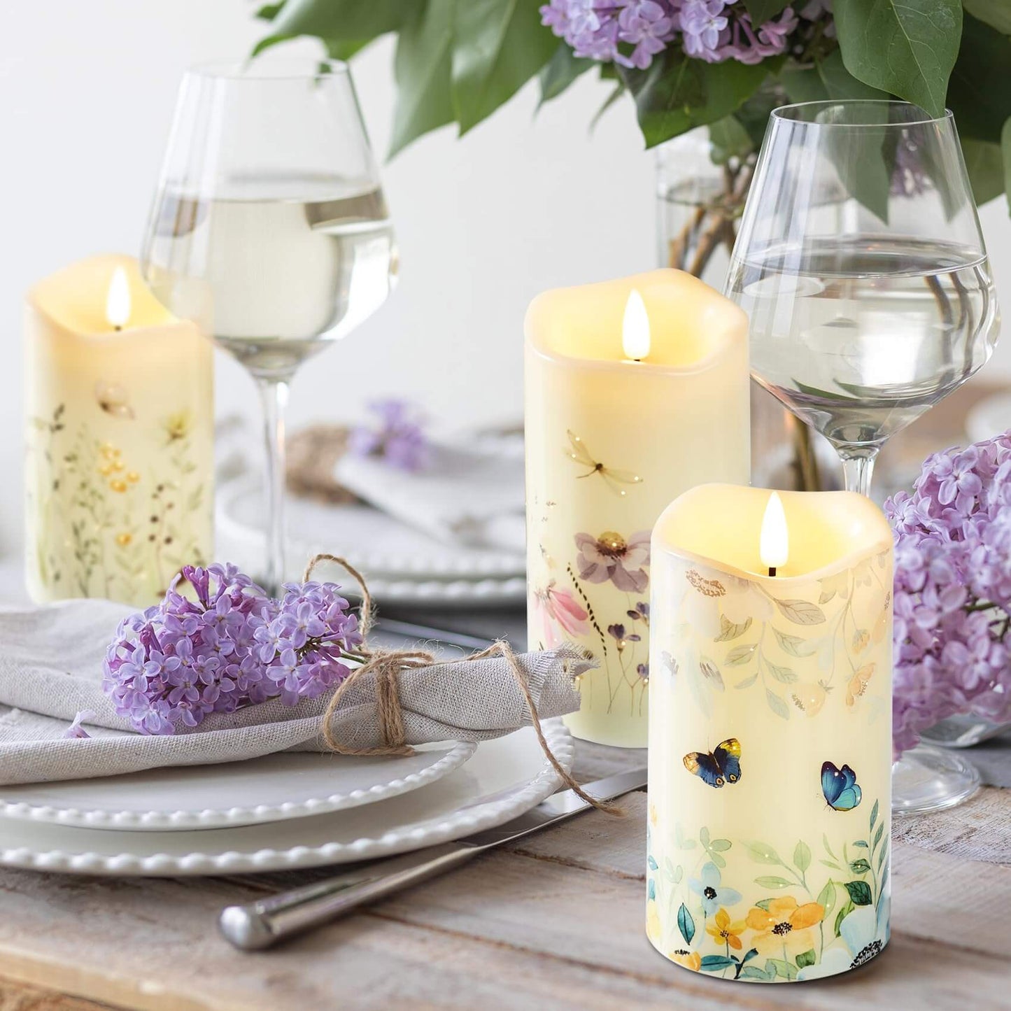 Butterfly Floral Flameless Pillar Candles with Remote-3 Piece-Eywamage