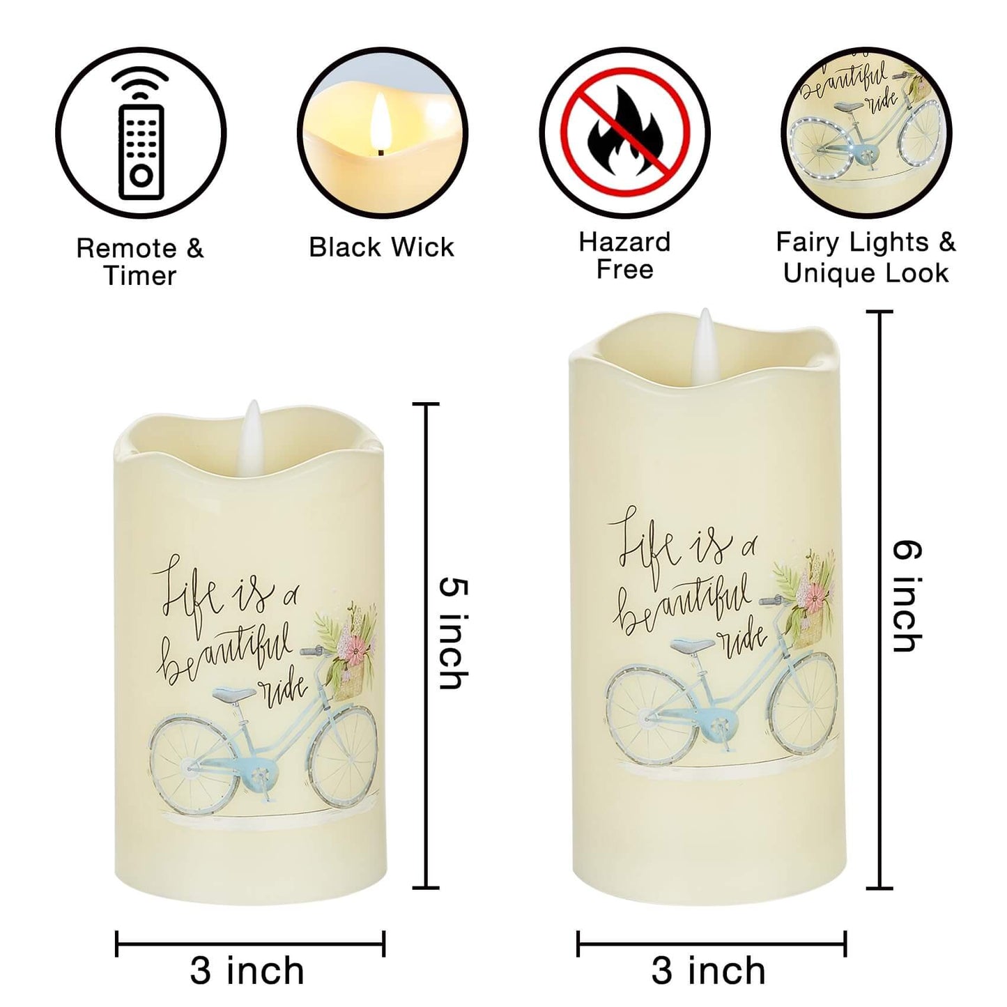 Bicycle Flower Fiber Optic Flameless Pillar Candles- Set of 2-Eywamage