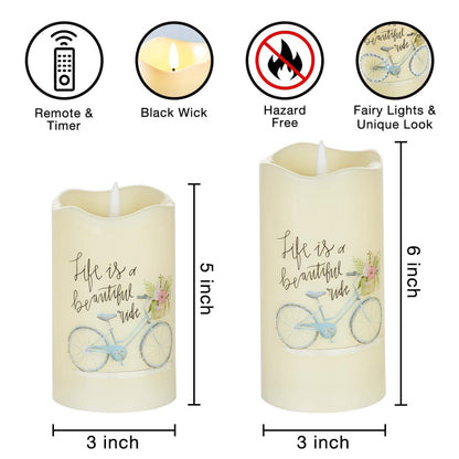 Bicycle Flower Fiber Optic Flameless Pillar Candles- Set of 2-Eywamage