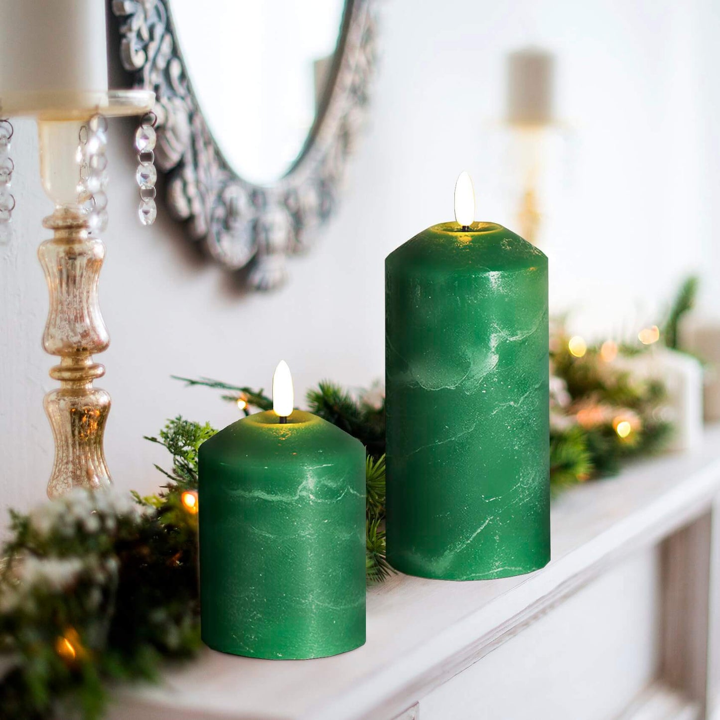 Green Flickering Flameless Pillar Candle with Remote-3 Piece-Eywamage