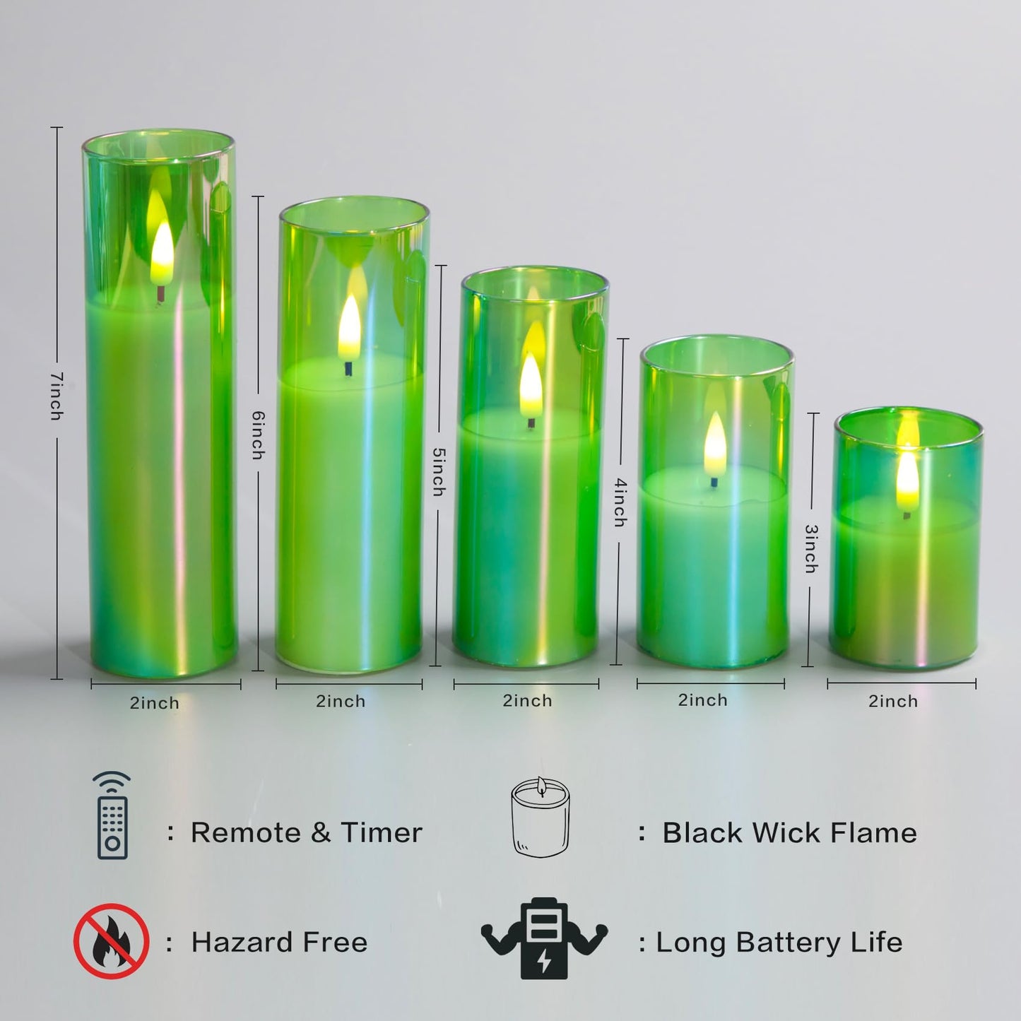 Slim Tall Green Glass Flameless Candles with Remote-Set of 5-Eywamage