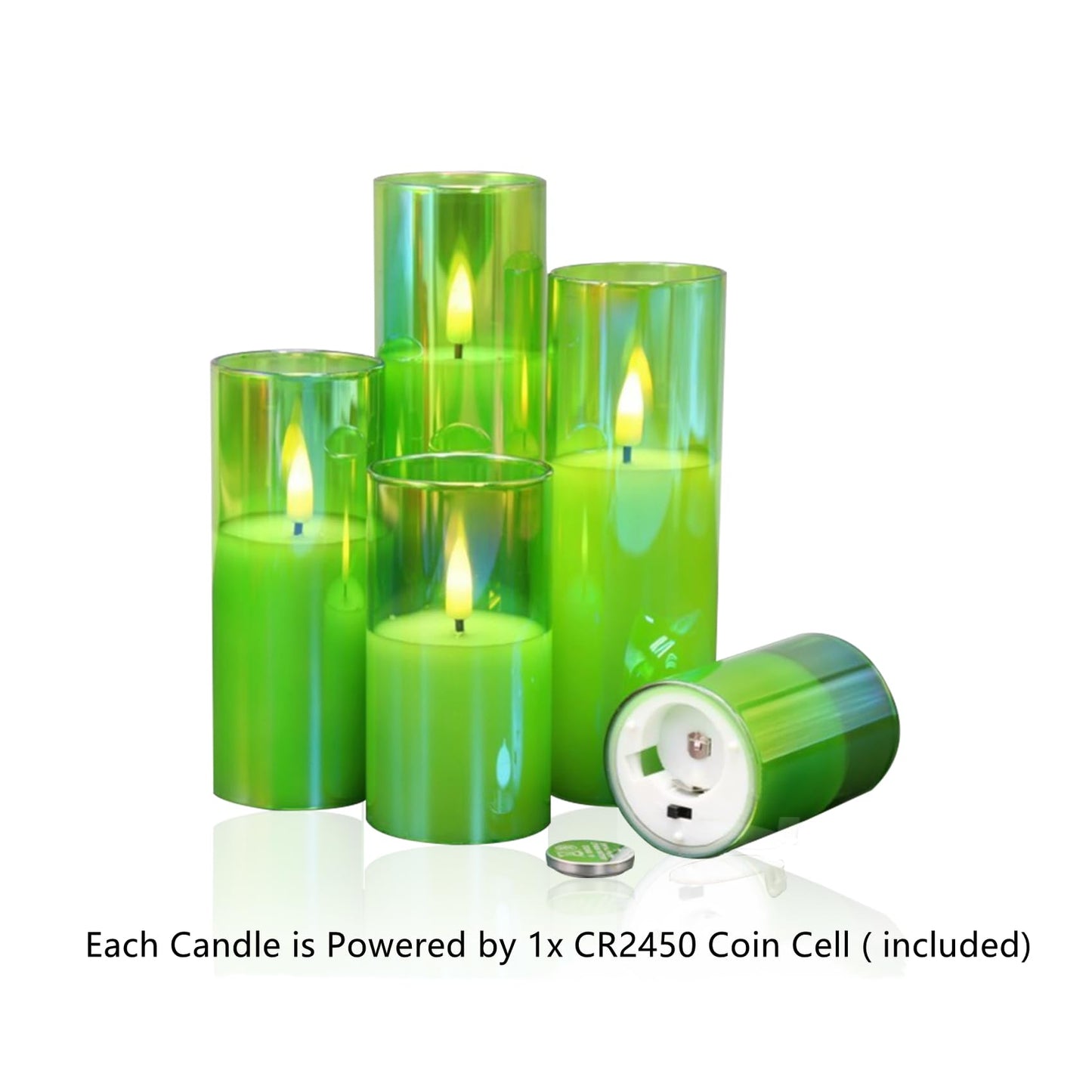 Slim Tall Green Glass Flameless Candles with Remote-Set of 5-Eywamage