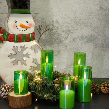 Slim Tall Green Glass Flameless Candles with Remote-Set of 5-Eywamage