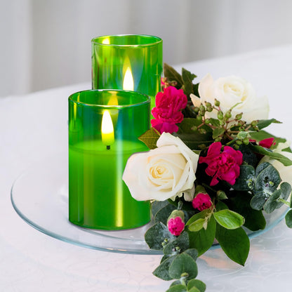 Slim Tall Green Glass Flameless Candles with Remote-Set of 5-Eywamage