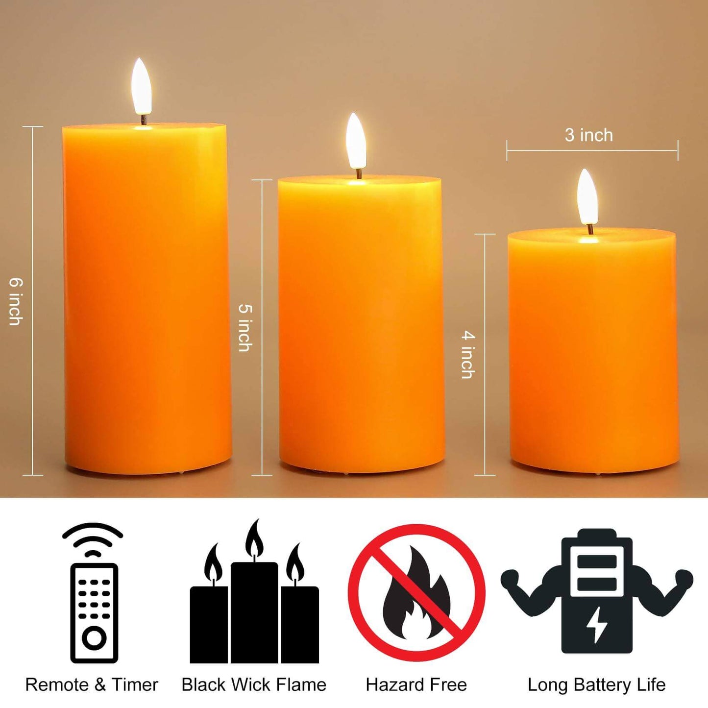 Orange Flat Top Flameless Pillar Candles with Remote-Set of 3-Eywamage