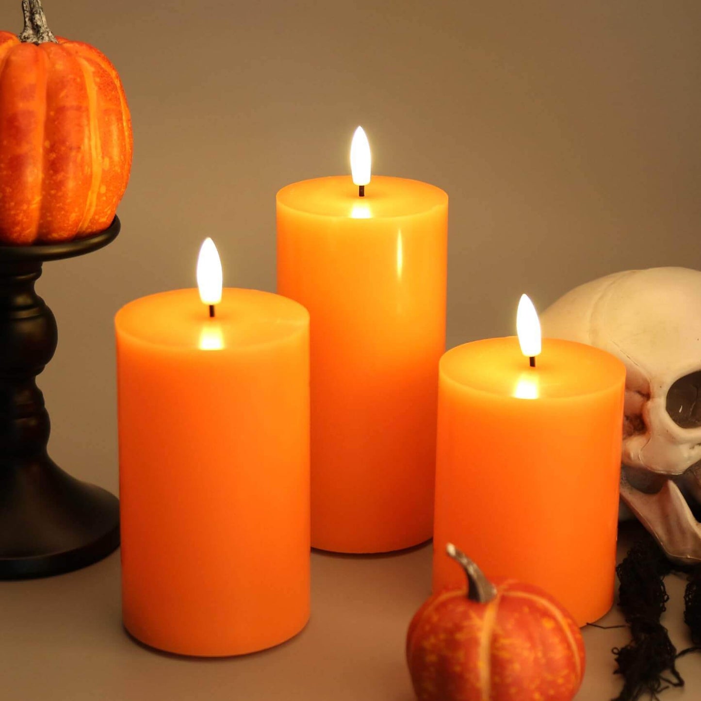 Orange Flat Top Flameless Pillar Candles with Remote-Set of 3-Eywamage