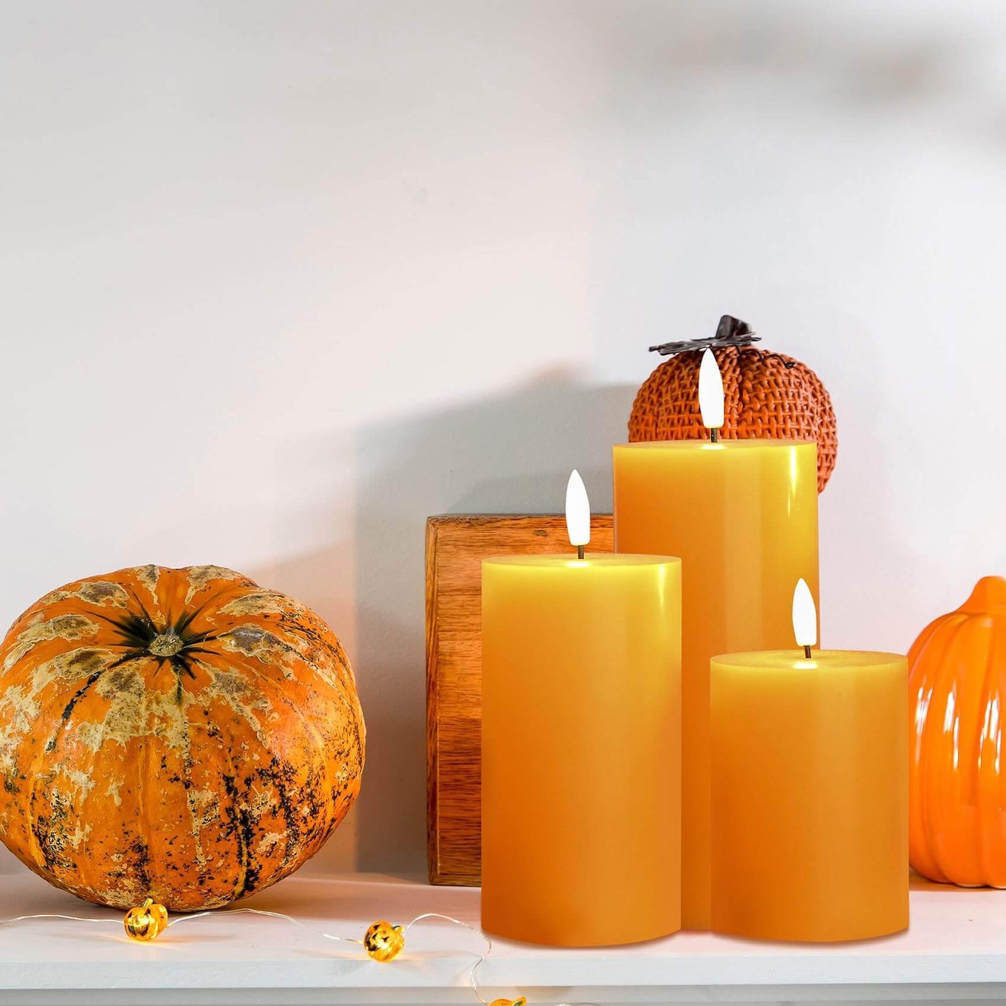 Orange Flat Top Flameless Pillar Candles with Remote-Set of 3-Eywamage