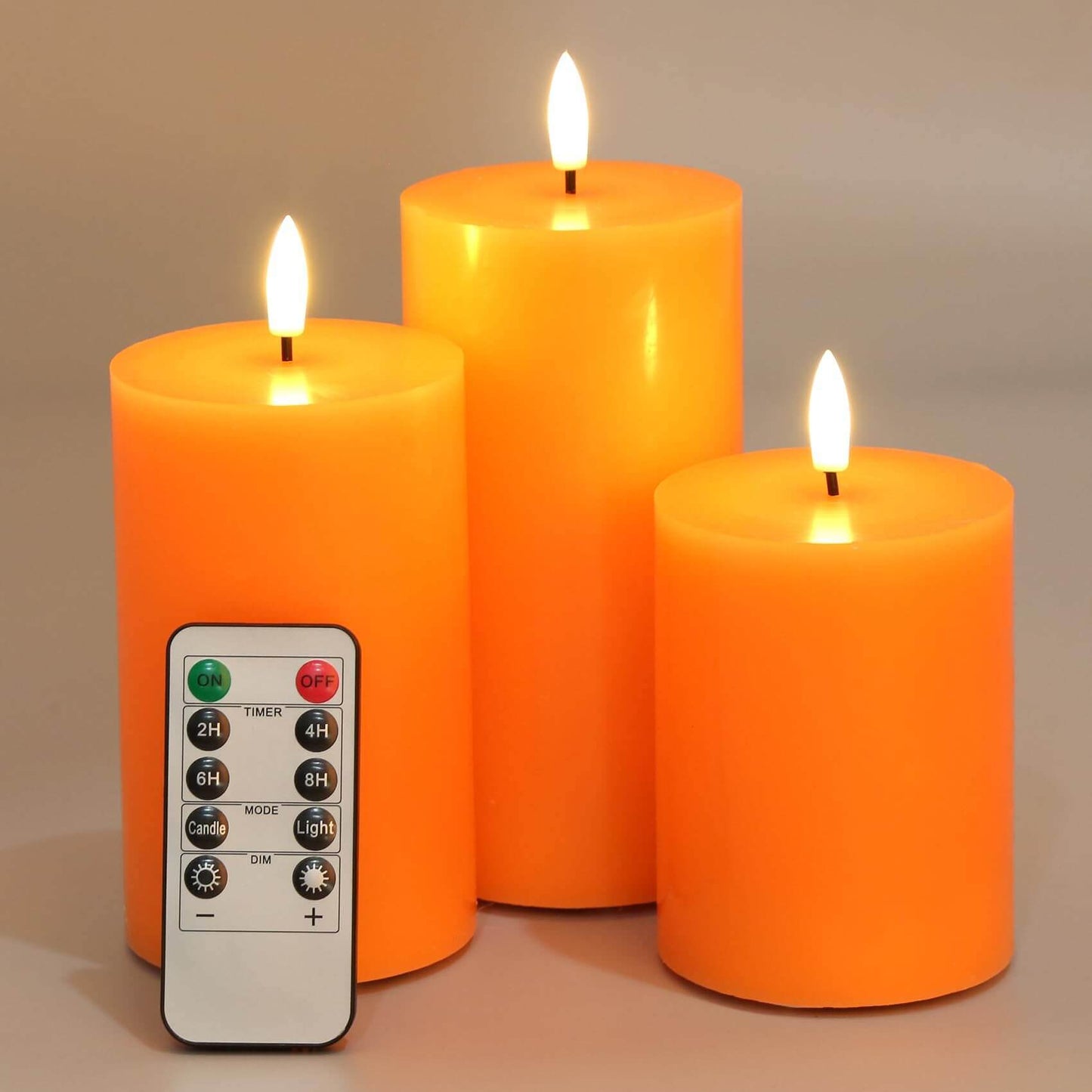 Orange Flat Top Flameless Pillar Candles with Remote-Set of 3-Eywamage