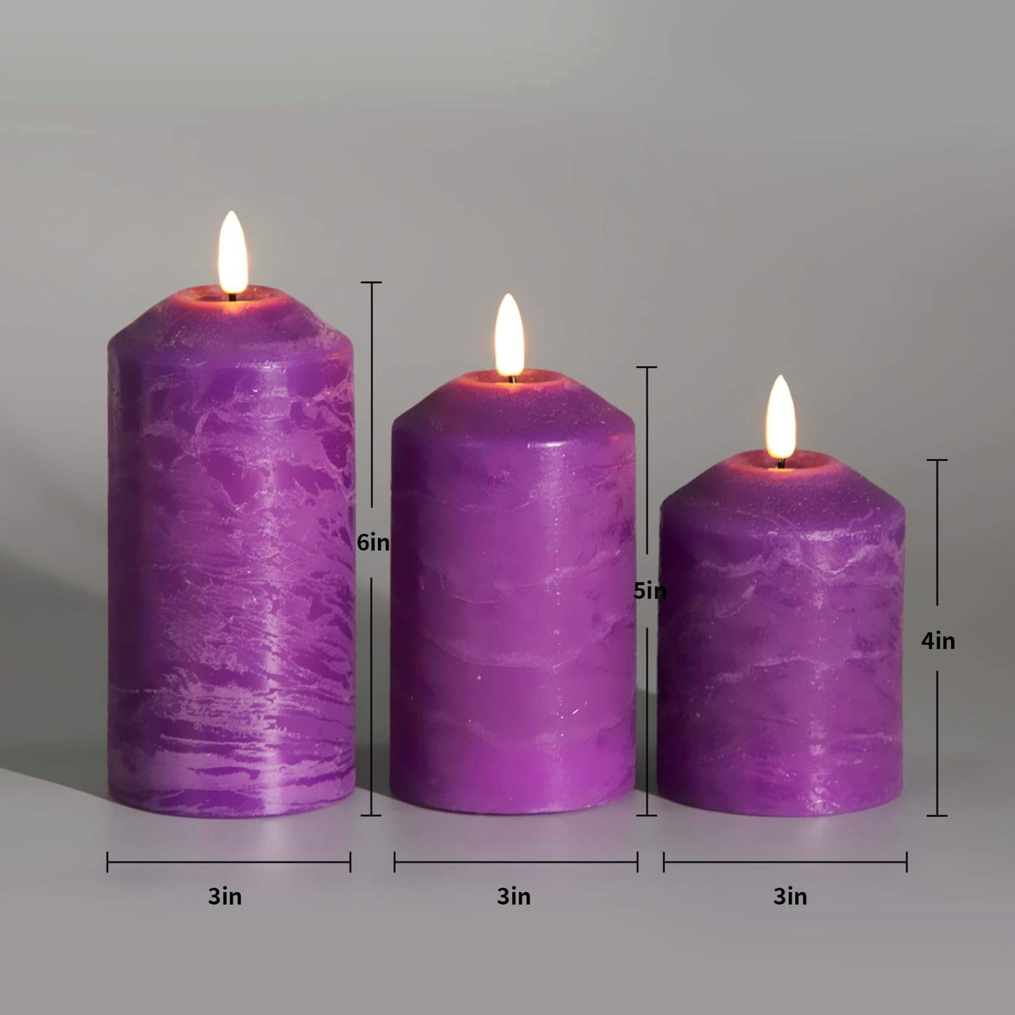 Purple Flameless Pillar Candles with Remote - Set of 3 - Eywamage