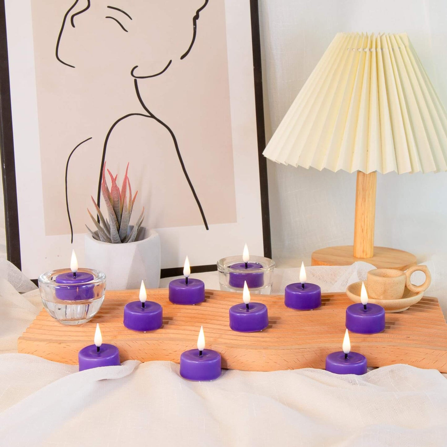 Purple Flameless Wax Tealights with Remote - Set of 10 - Eywamage