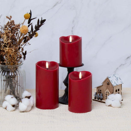 Red Flameless LED Pillar Candles with Remote - Set of 3 - Eywamage