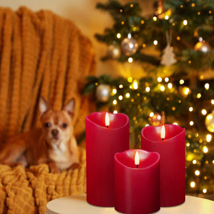 Red Flameless LED Pillar Candles with Remote - Set of 3 - Eywamage