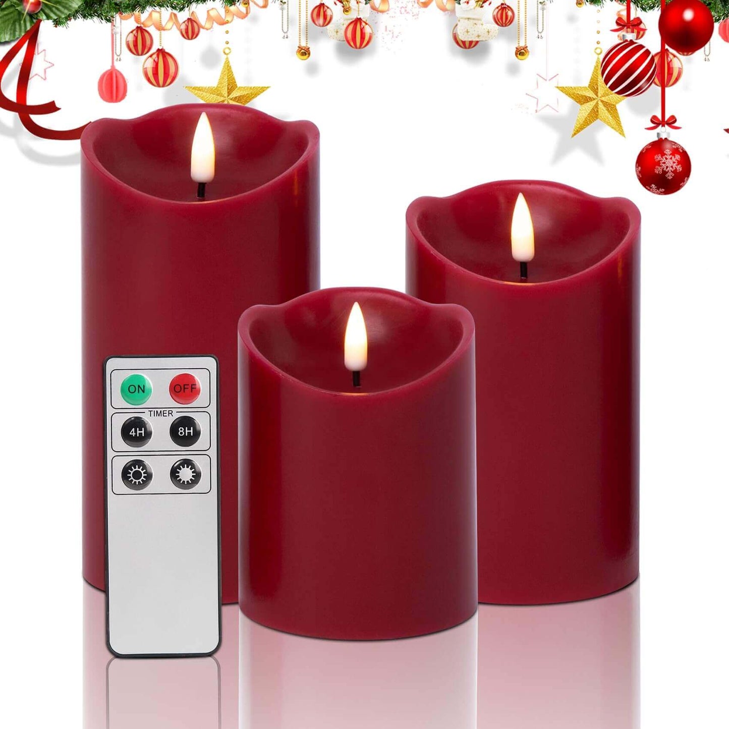 Red Flameless LED Pillar Candles with Remote - Set of 3 - Eywamage