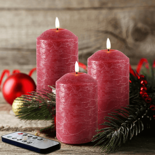 Red Flameless Pillar Candles with Remote - Set of 3 - Eywamage