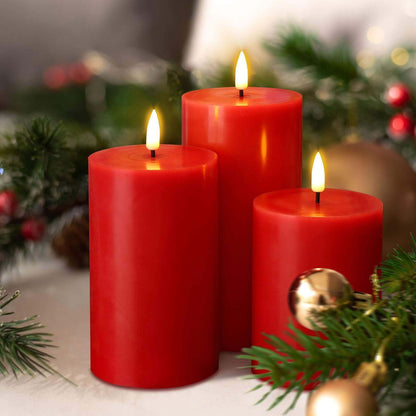 Red Flickering Flat Top Flameless Pillar Candles -Set of 3- Eywamage