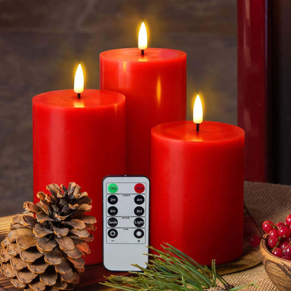 Red Flickering Flat Top Flameless Pillar Candles -Set of 3- Eywamage