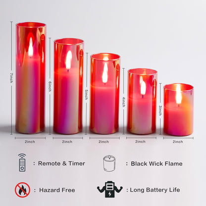 Slim Tall Red Glass Flameless Candles with Remote- Set of 5 -Eywamage