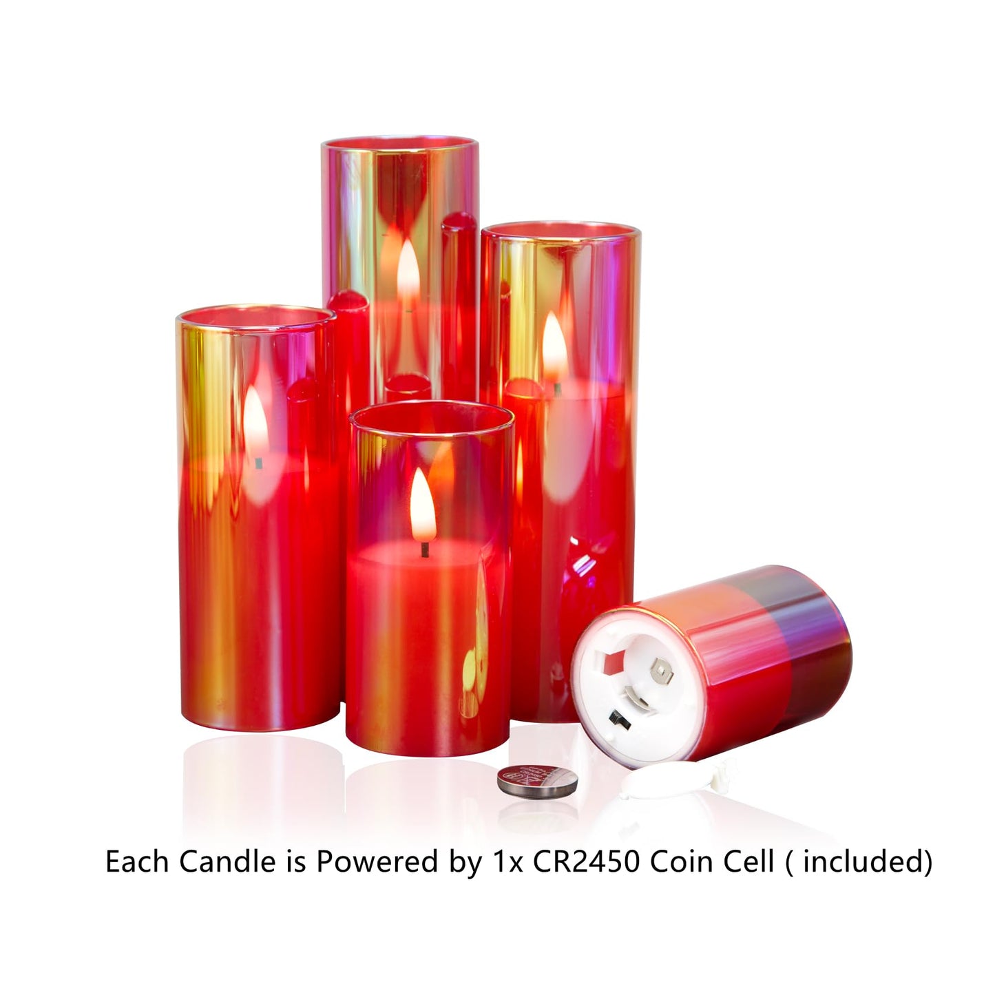 Slim Tall Red Glass Flameless Candles with Remote- Set of 5 -Eywamage