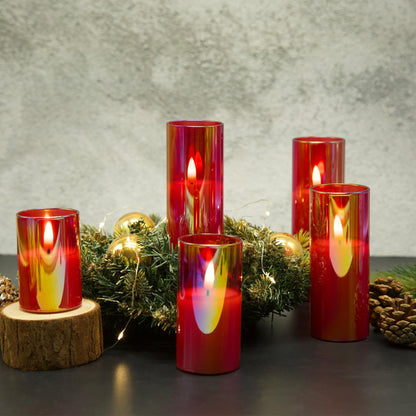 Slim Tall Red Glass Flameless Candles with Remote- Set of 5 -Eywamage