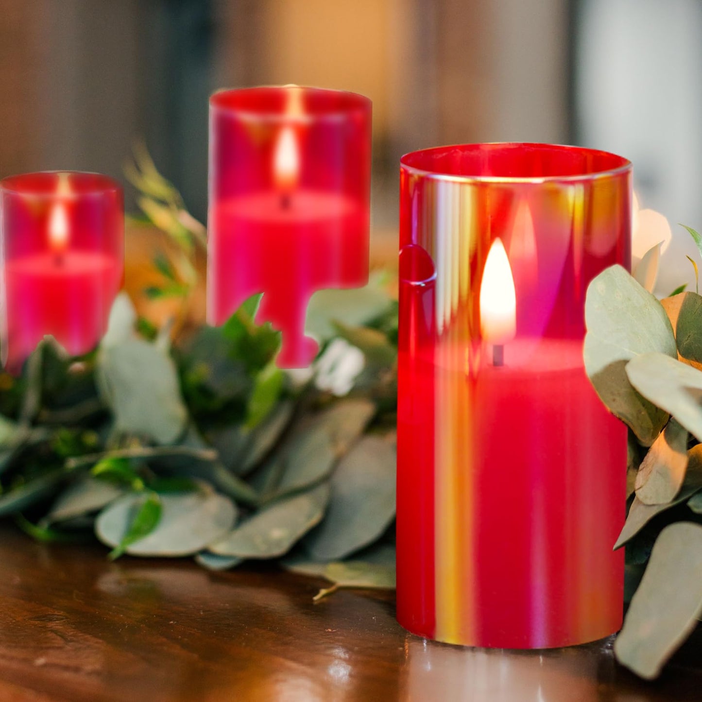 Slim Tall Red Glass Flameless Candles with Remote- Set of 5 -Eywamage