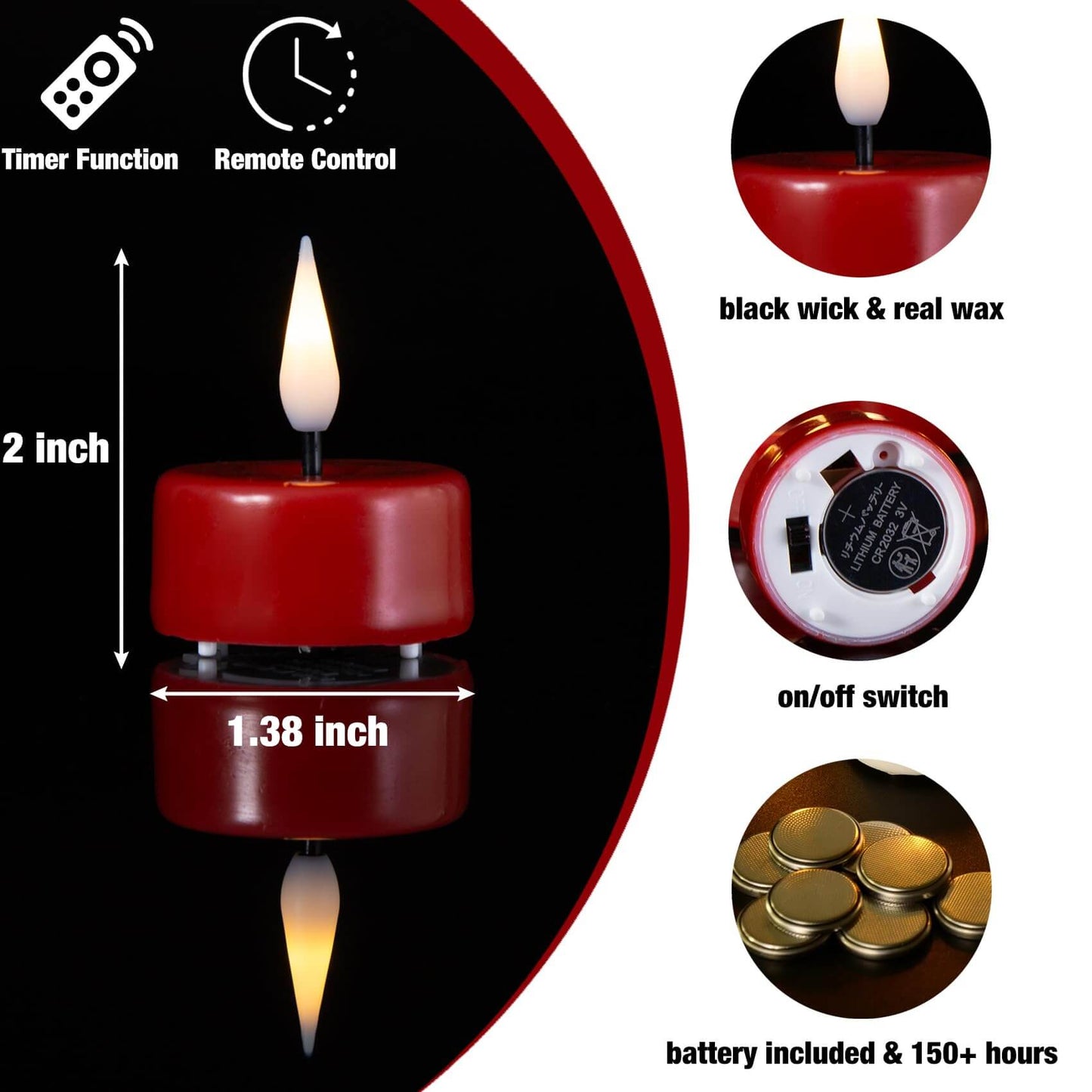 Red Christmas Flameless Tealights with Remote - Set of 10 - Eywamage