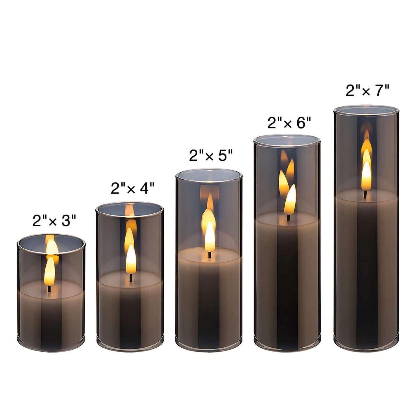 A set of 5 gray glass flameless candles, they are all 2 inches in diameter and 3, 4, 5, 6, 7 inches in height