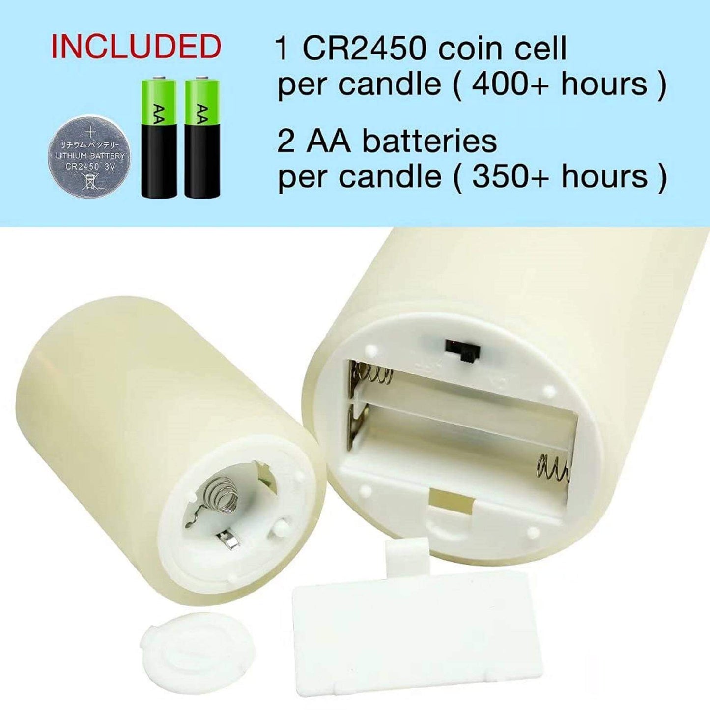 Two eywamage flameless votive pillar candels, both bottoms opened, the smaller one showing a button cell battery required, the larger one showing 2 AA batteries.