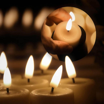 Lighted electronic tea lights are placed on the table, one of them is picked up and zoomed in to focus its wick