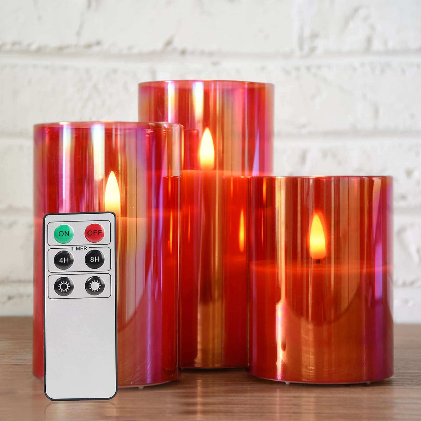 Red Glass Flameless Pillar Candles with Remote Set of 3 Eywamage