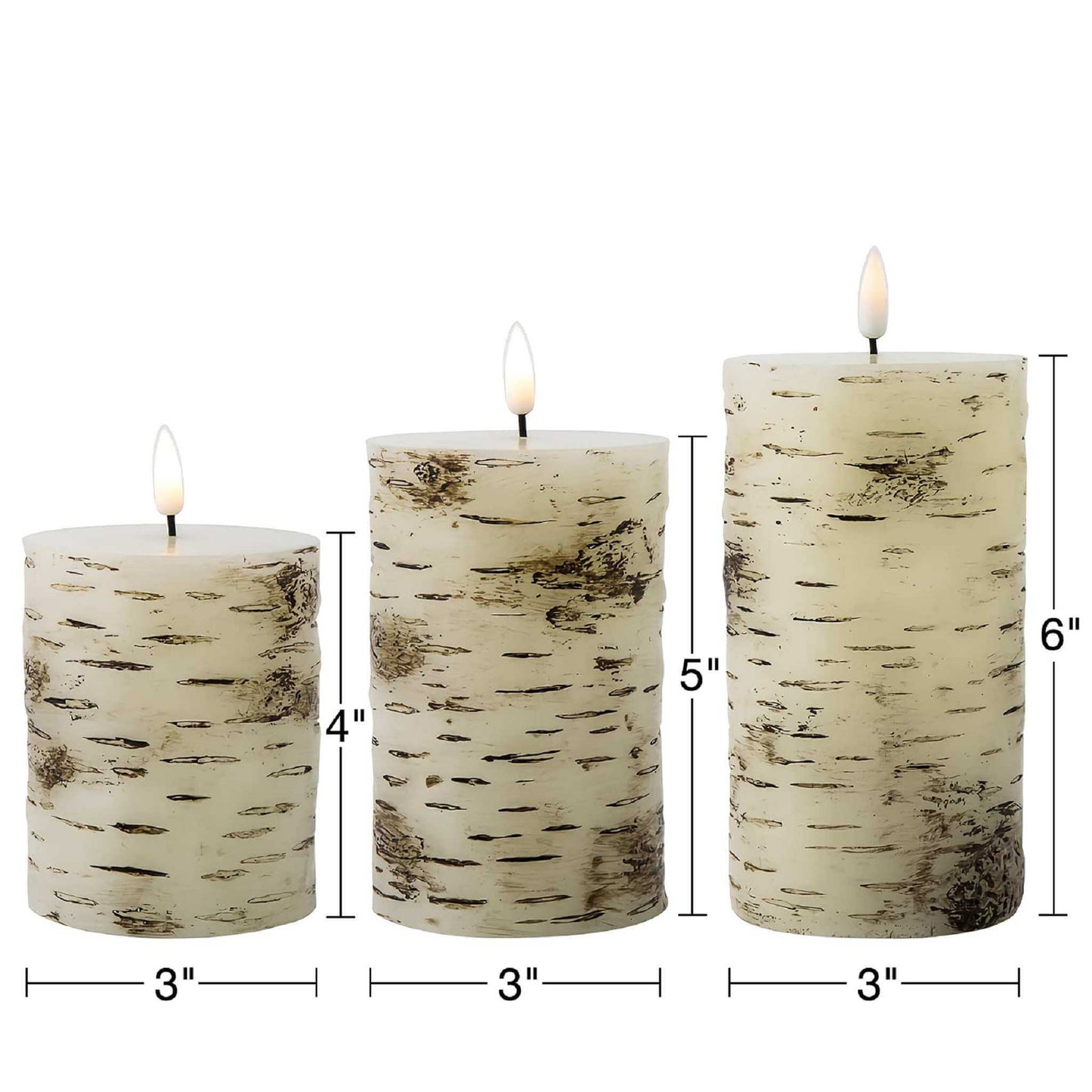 Three eywamage birch pattern pillar candles, all 3 inches in diameter and 4, 5, 6 inches in height