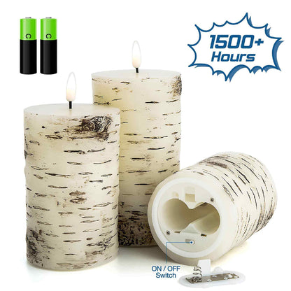 Three birch-patterned pillar candles with one bottom lid opened to reveal that requires 2 AA batteries and can light for over 1500 hours