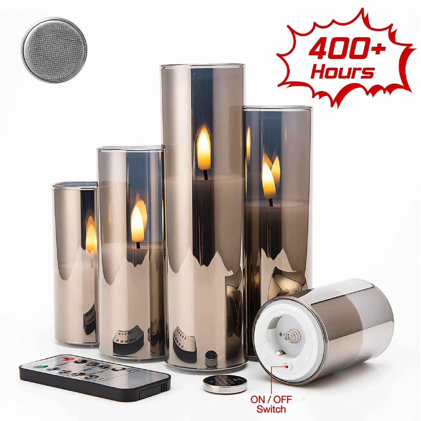 5pcs gray glass flameless wax and remote control, each candle needs 1 button battery, can light for more than 400 hours