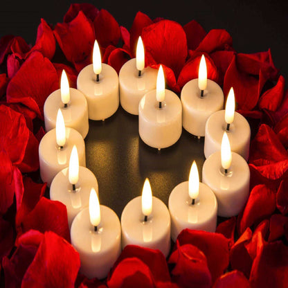 12 pieces of electronic tea lights combined into a heart shape, surrounded by rose petals