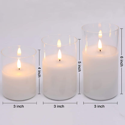 Three lighted transparent glass flameless candles, all of which are 3 inches in diameter and 4, 5, 6 inches in height