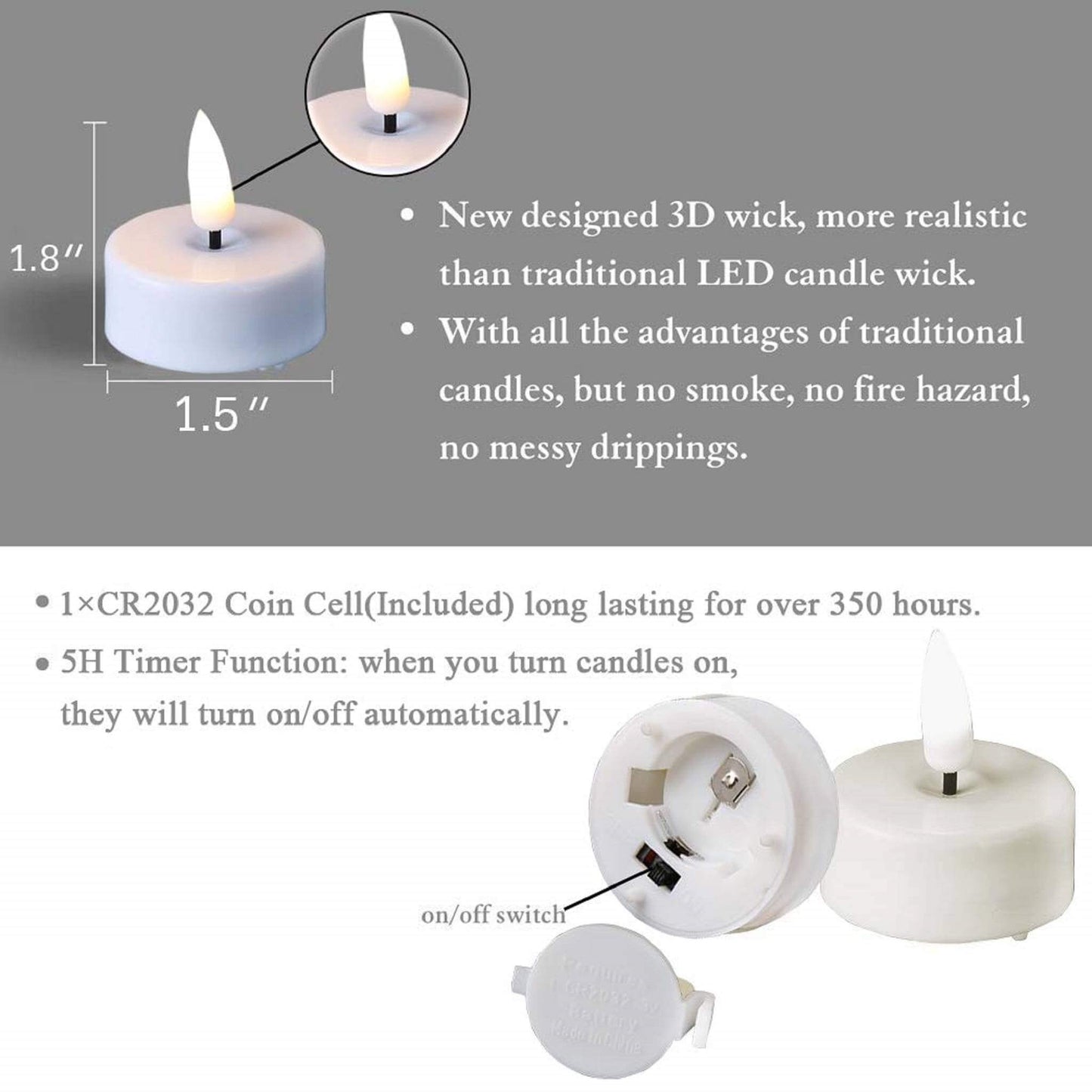 Instructions on the process, design, and batteries of eywamage flameless tea light candle